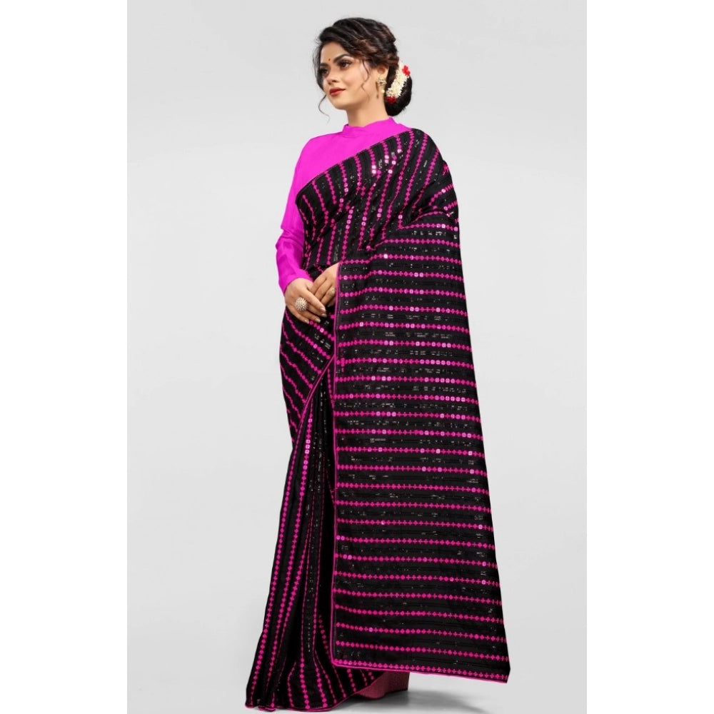 Pink Vichitra saree with unstitched brocade blouse, sequence work for parties