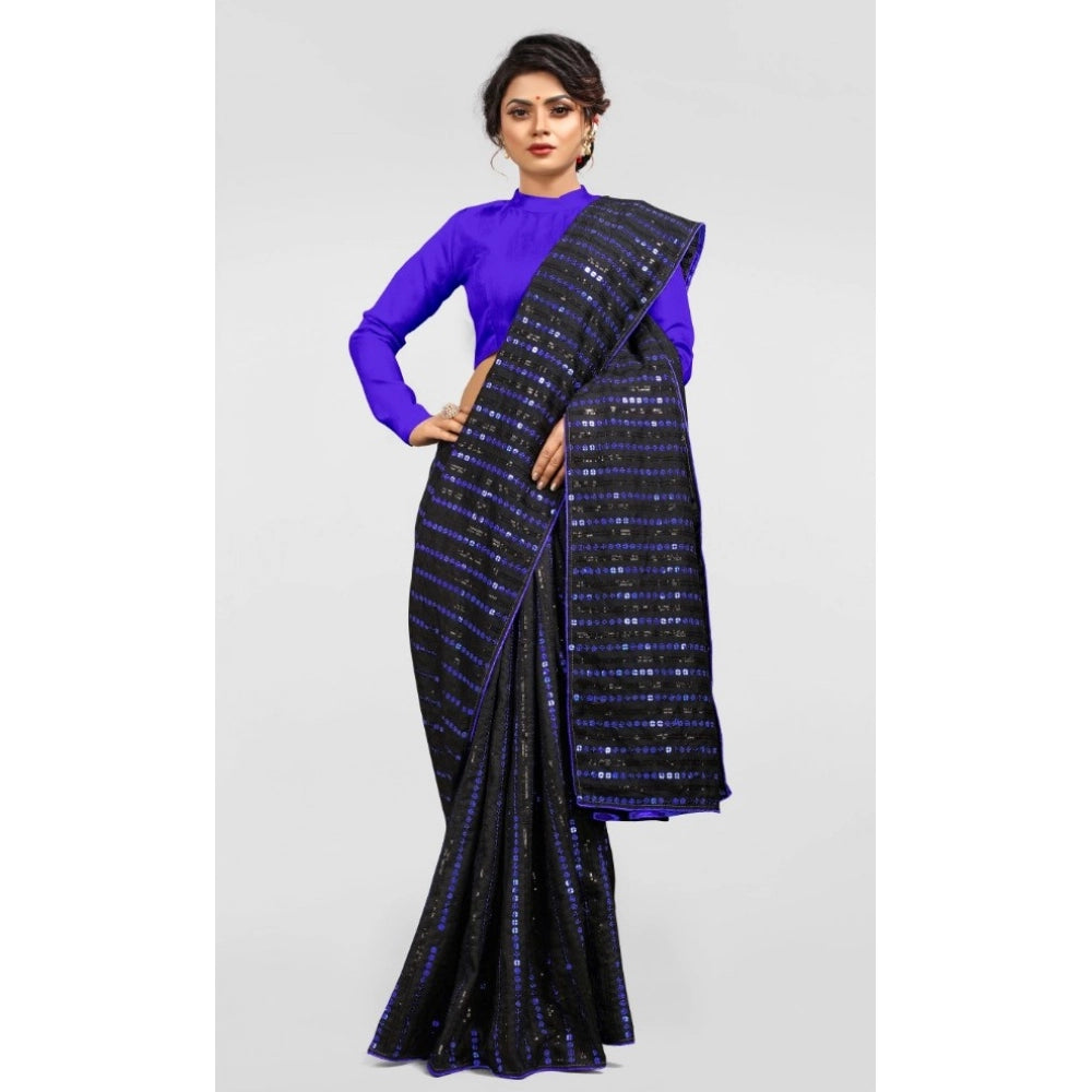 Blue Vichitra saree with unstitched brocade blouse, sequence work on display