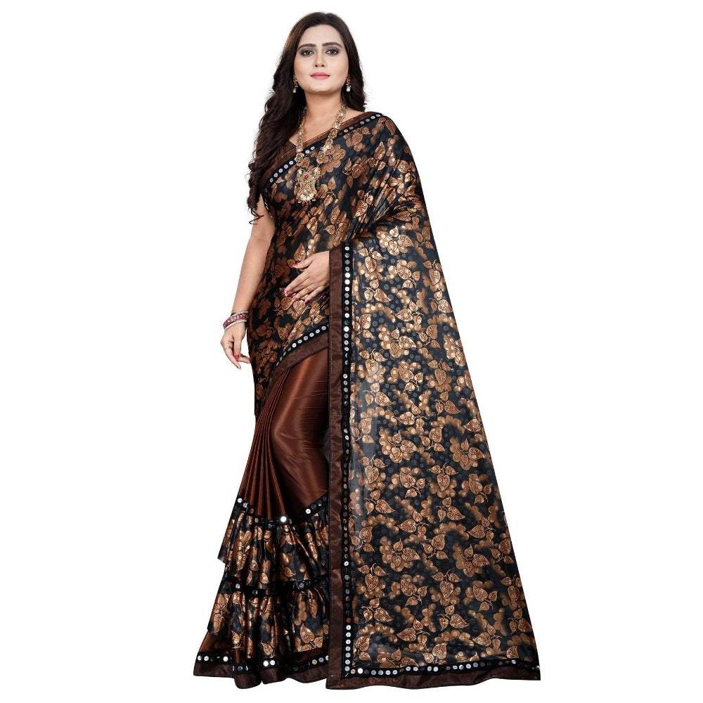 Coffee Lycra blend saree with blouse (5-6 mtrs), half-half style, unstitched blouse with mirror work on Banglore silk