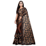 Coffee Lycra blend saree with blouse (5-6 mtrs), half-half style, unstitched blouse with mirror work on Banglore silk
