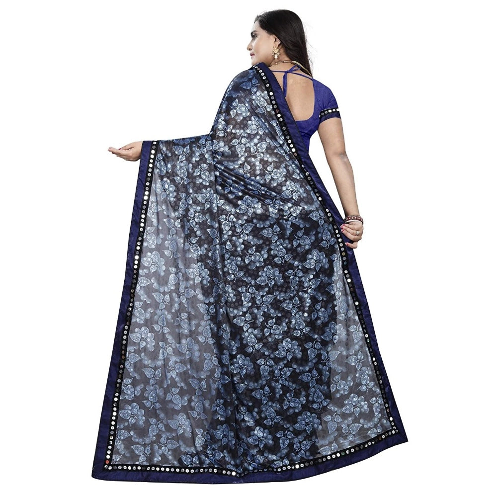 Blue Lycra blend saree with blouse (5-6 mtrs), half-half style, unstitched blouse with mirrorwork, Banglore silk blouse fabric for festive occasions