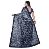 Blue Lycra blend saree with blouse (5-6 mtrs), half-half style, unstitched blouse with mirrorwork, Banglore silk blouse fabric for festive occasions