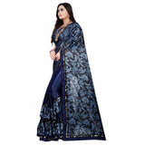 Blue Lycra blend saree with blouse (5-6 mtrs), half-half style, unstitched blouse with mirror work on Banglore silk