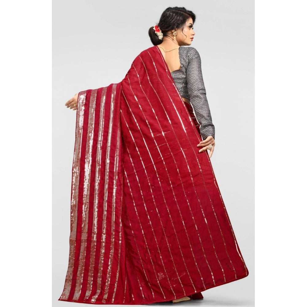Red Vichitra saree with blouse (5-6 mtrs), sequence work and printed brocade blouse, party wear on hanger