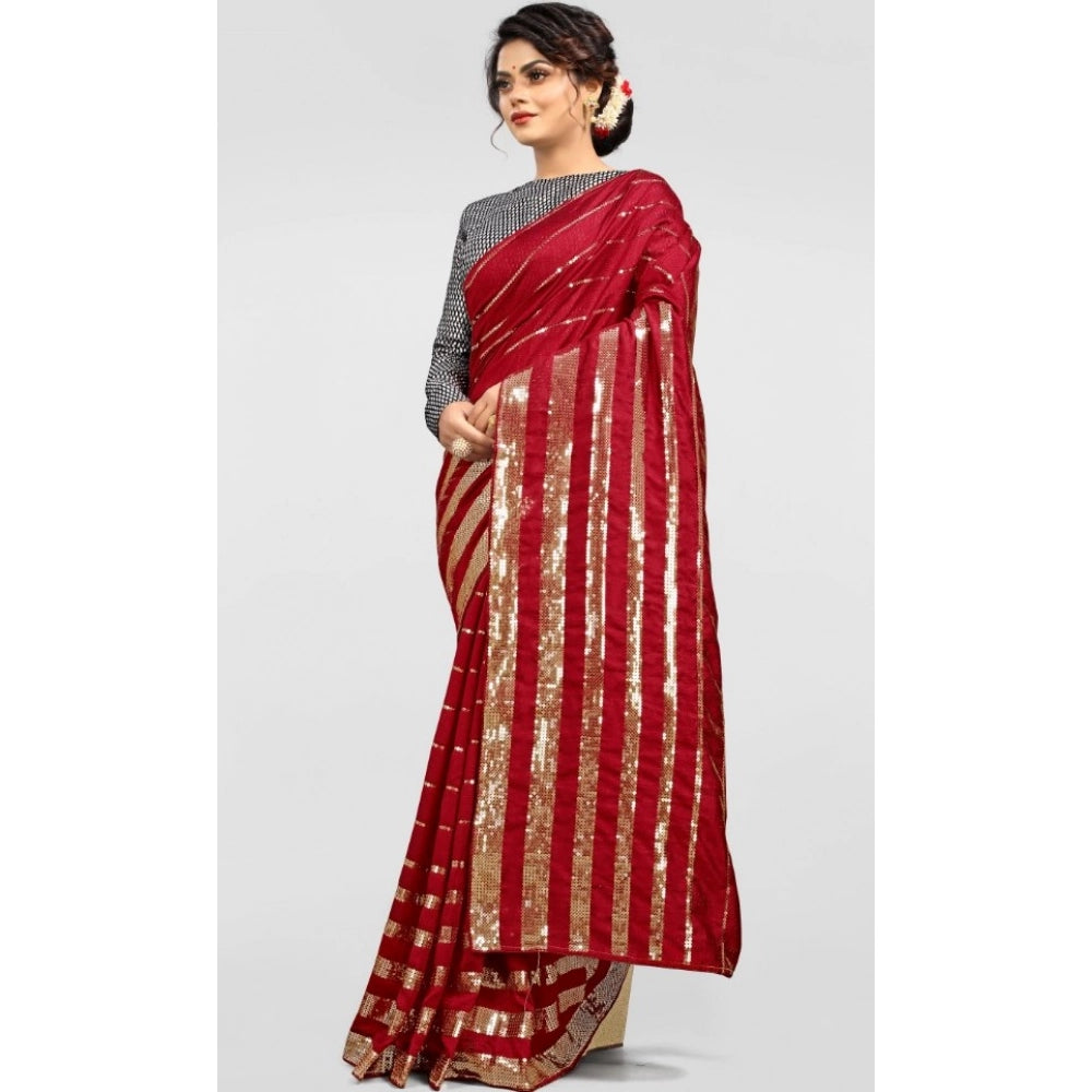 Red Vichitra saree with blouse (5-6m), intricate sequence work on vibrant fabric, unstitched brocade blouse with printed designs