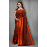 Orange satin silk saree with unstitched blouse (5-6 mtrs), striped design in printed banglory silk