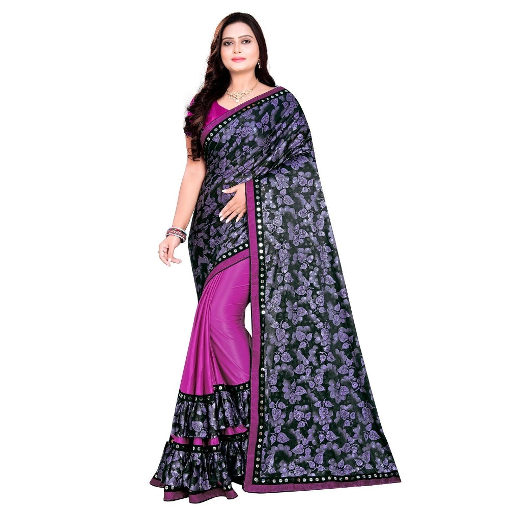 Purple Lycra blend saree with mirror-work blouse (5-6 mtrs), ideal for party or festive wear