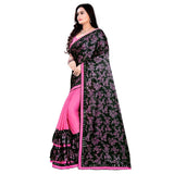 Pink Lycra blend saree with mirror work blouse, party wear for women (5-6 mtrs)