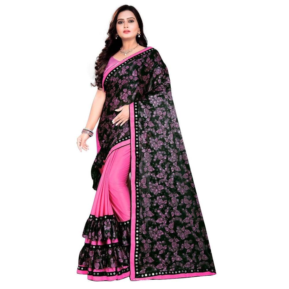 Pink Lycra blend saree set with unstitched blouse (5-6 meters), half-half style, mirrorwork on Banglore silk blouse