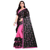 Pink Lycra blend saree set with unstitched blouse (5-6 meters), half-half style, mirrorwork on Banglore silk blouse