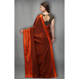 Orange satin silk saree with blouse (5-6 mtrs), striped design, unstitched blouse in Banglory silk with printed work