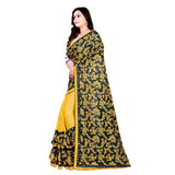 Mustard Lycra blend saree with blouse (5-6 mtrs), half-half style, unstitched blouse featuring mirror work on Banglore silk