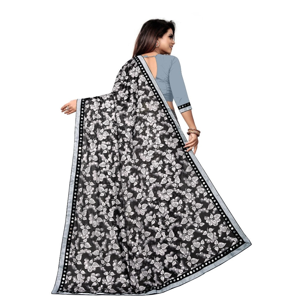 Grey Lycra blend saree with blouse (5-6 mtrs), half-half style, mirror work on unstitched Banglore silk blouse