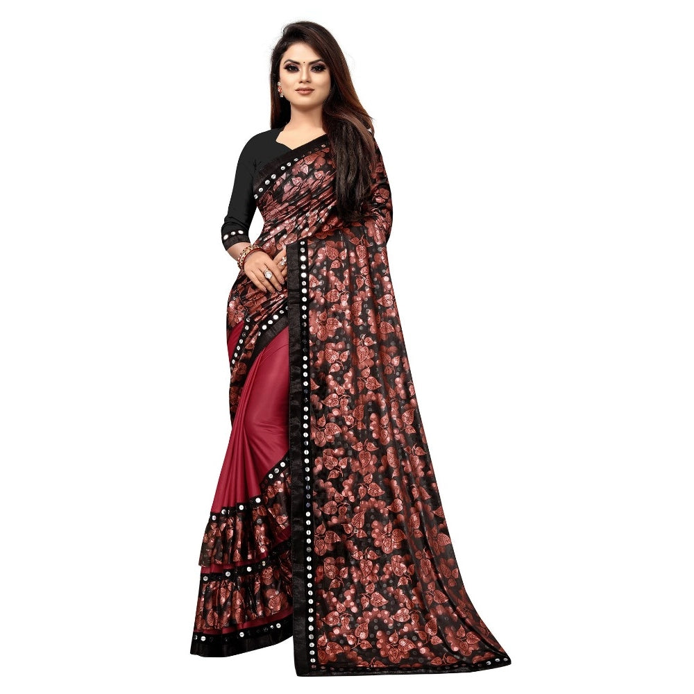 Red Lycra blend saree with blouse (5-6 mtrs), half-half style, unstitched mirrorwork Banglory silk blouse on display stand
