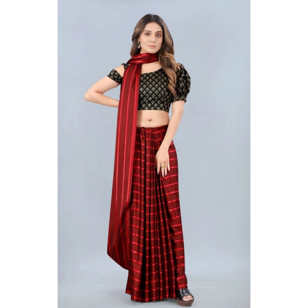 Red satin silk saree with unstitched blouse (5-6 meters), striped design on printed Banglore silk