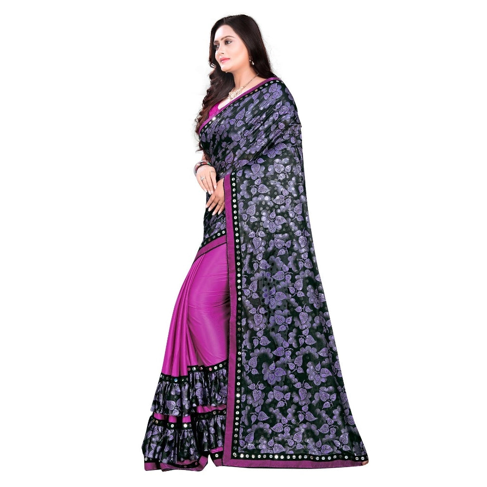 Purple Lycra blend saree with blouse (5-6 mtrs), half-half style unstitched blouse with mirror work on Banglory silk, ideal for party or festive occasions