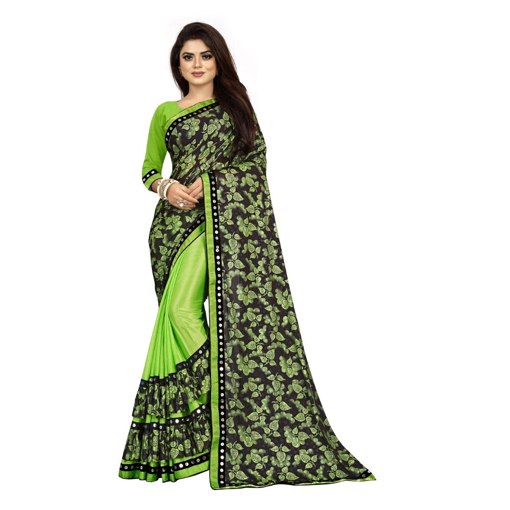 Women's Pista Lycra blend saree with unstitched mirrorwork blouse (5-6 mtrs), Banglory silk fabric, party or festive occasion
