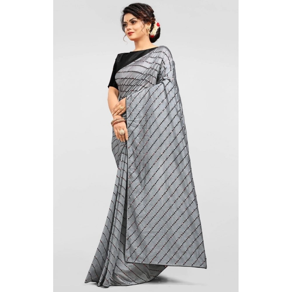 Grey Vichitra saree with unstitched brocade blouse, sequence work on display
