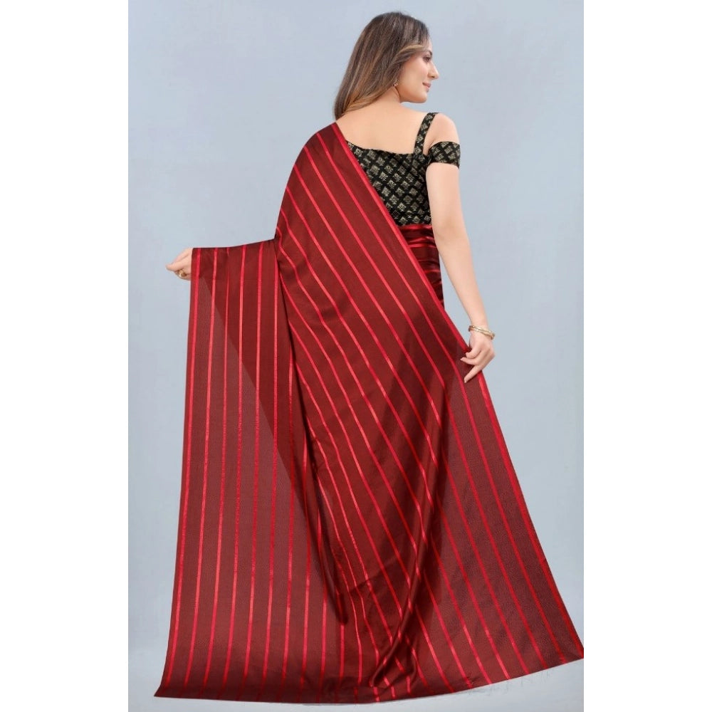 Red satin silk saree with blouse (5-6 meters), striped print on unstitched blouse made of Bangalore silk