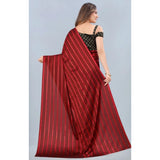 Red satin silk saree with blouse (5-6 meters), striped print on unstitched blouse made of Bangalore silk