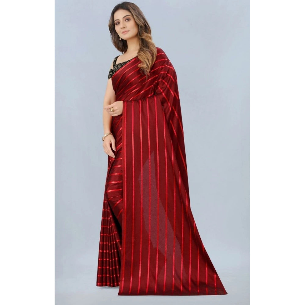 Red satin silk saree with unstitched blouse (5-6 mtrs), striped design in Banglory silk