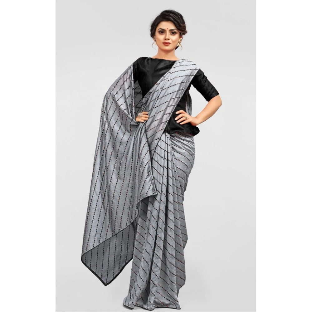 Grey Vichitra saree with unstitched brocade blouse - daily wear sequence work