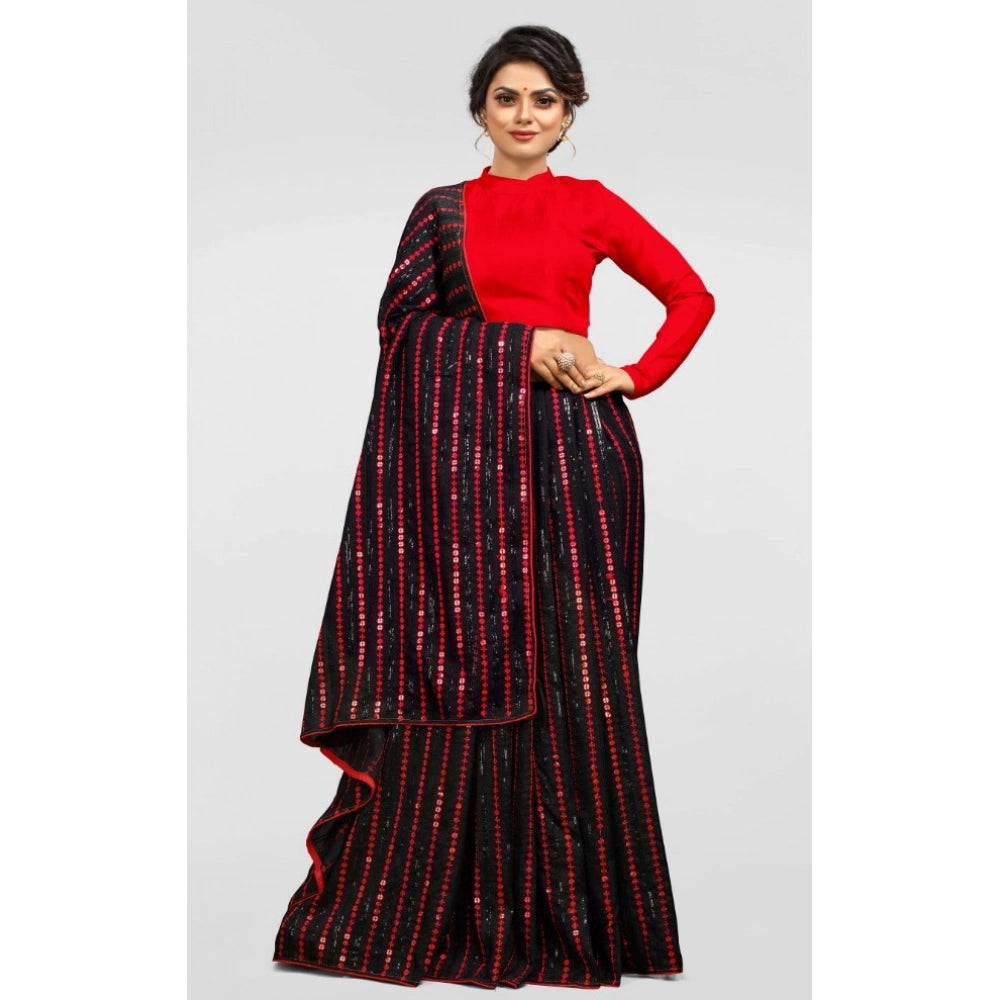 Red Vichitra saree with unstitched brocade blouse, intricate sequence work for parties
