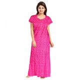 Pink cotton printed maxi nightgown with short sleeves and round neck, ideal for daily wear