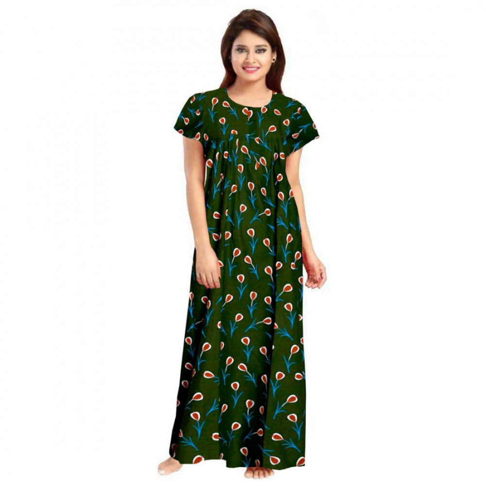 Green cotton printed maxi nighty for daily wear, short sleeves and round neck