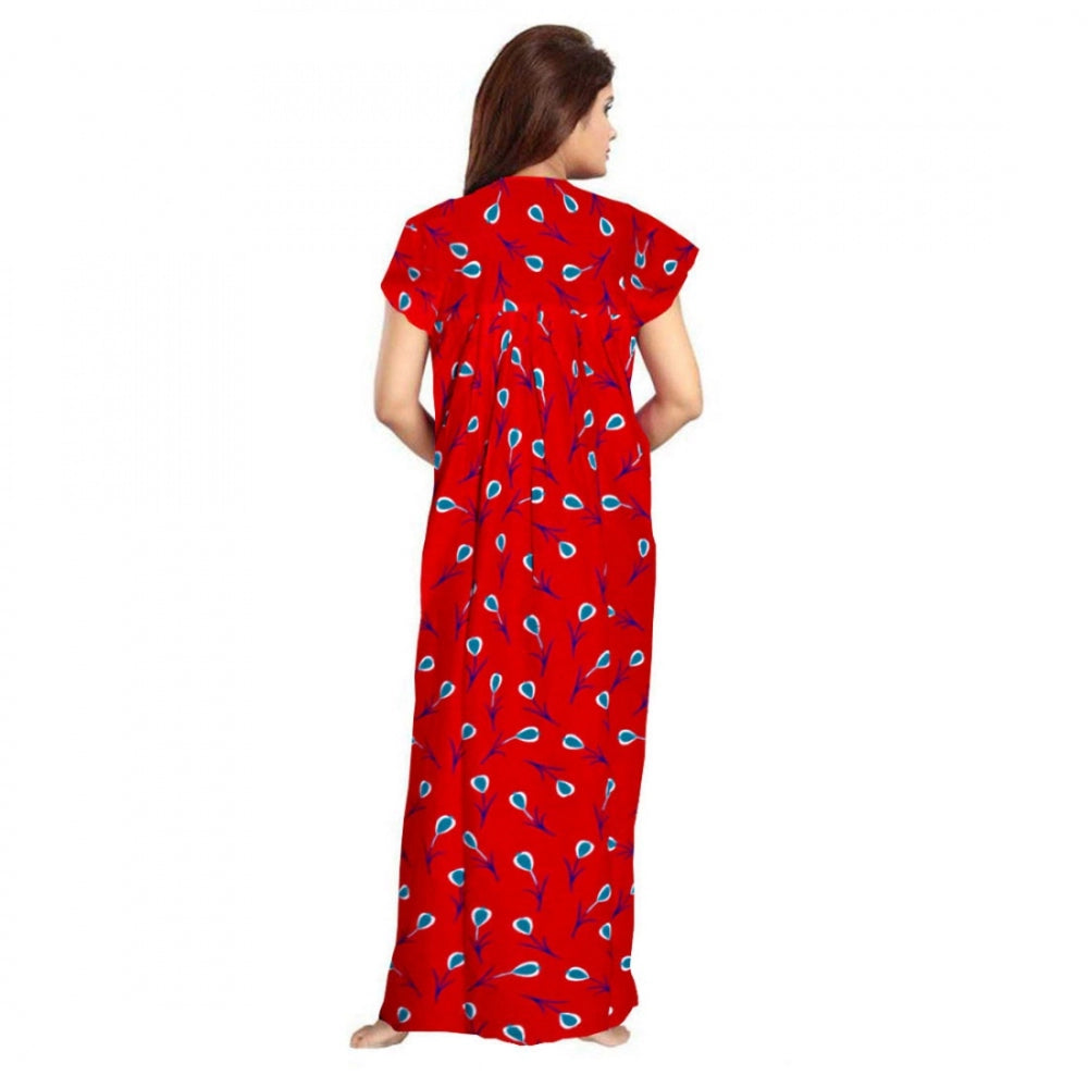 Red cotton printed maxi nighty for daily wear