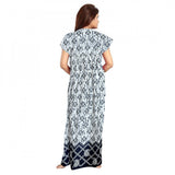 Navy blue cotton printed maxi nighty for daily wear, short sleeves and round neck