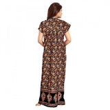 Brown cotton printed maxi nightgown with short sleeves and round neck for daily wear
