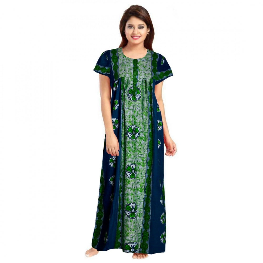 Green cotton printed maxi nightgown for daily wear with short sleeves and round neck