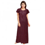 Brown cotton printed maxi nightgown for daily wear, short sleeves and round neck