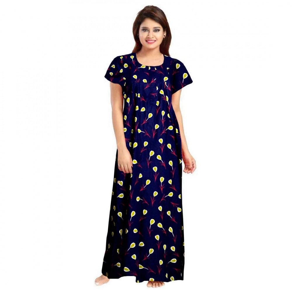 Purple cotton printed maxi nightgown for women's daily wear, short sleeves and round neck