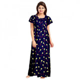 Purple cotton printed maxi nightgown for women's daily wear, short sleeves and round neck