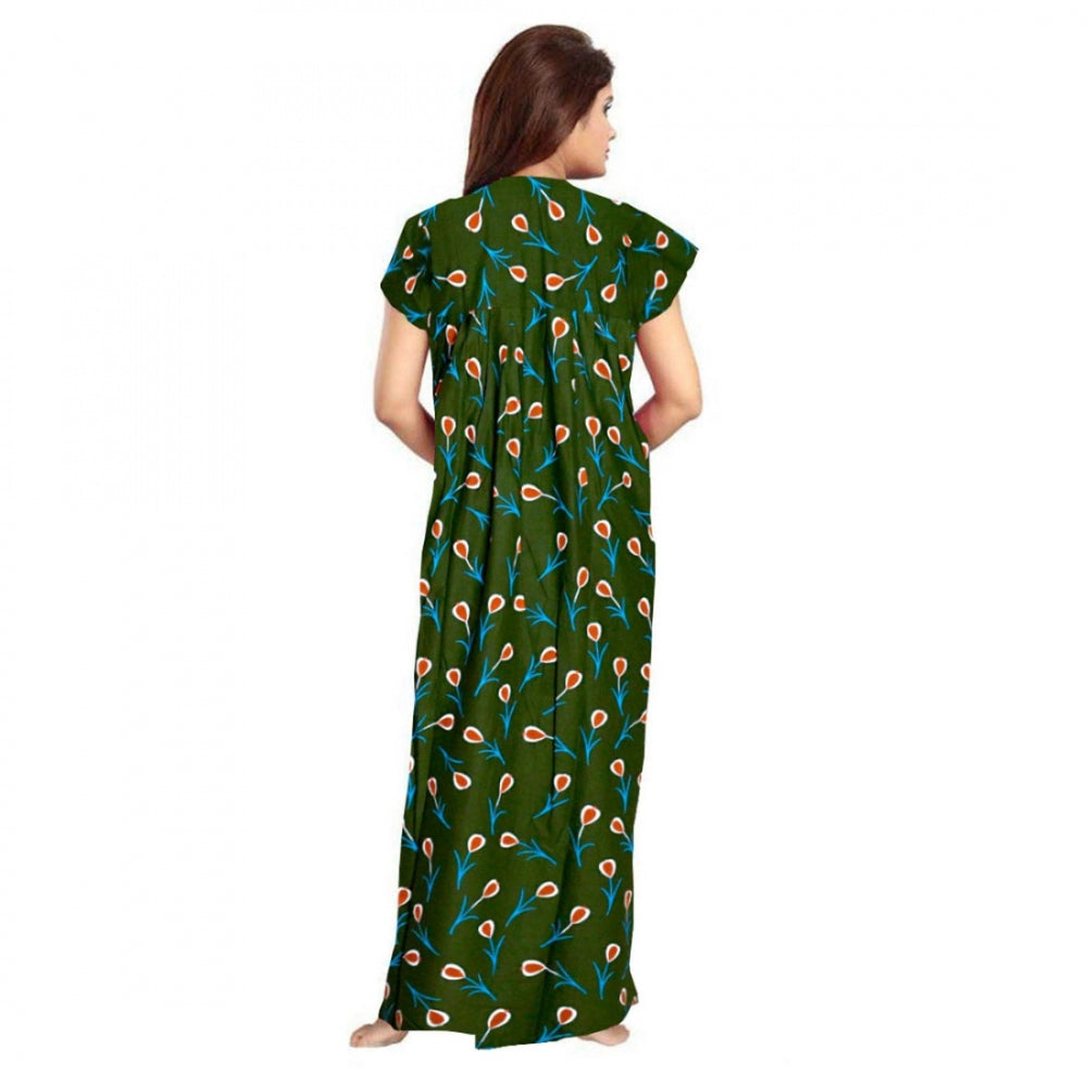 Green cotton printed maxi nighty for daily wear, short sleeves and round neck design