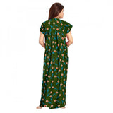 Green cotton printed maxi nighty for daily wear, short sleeves and round neck design