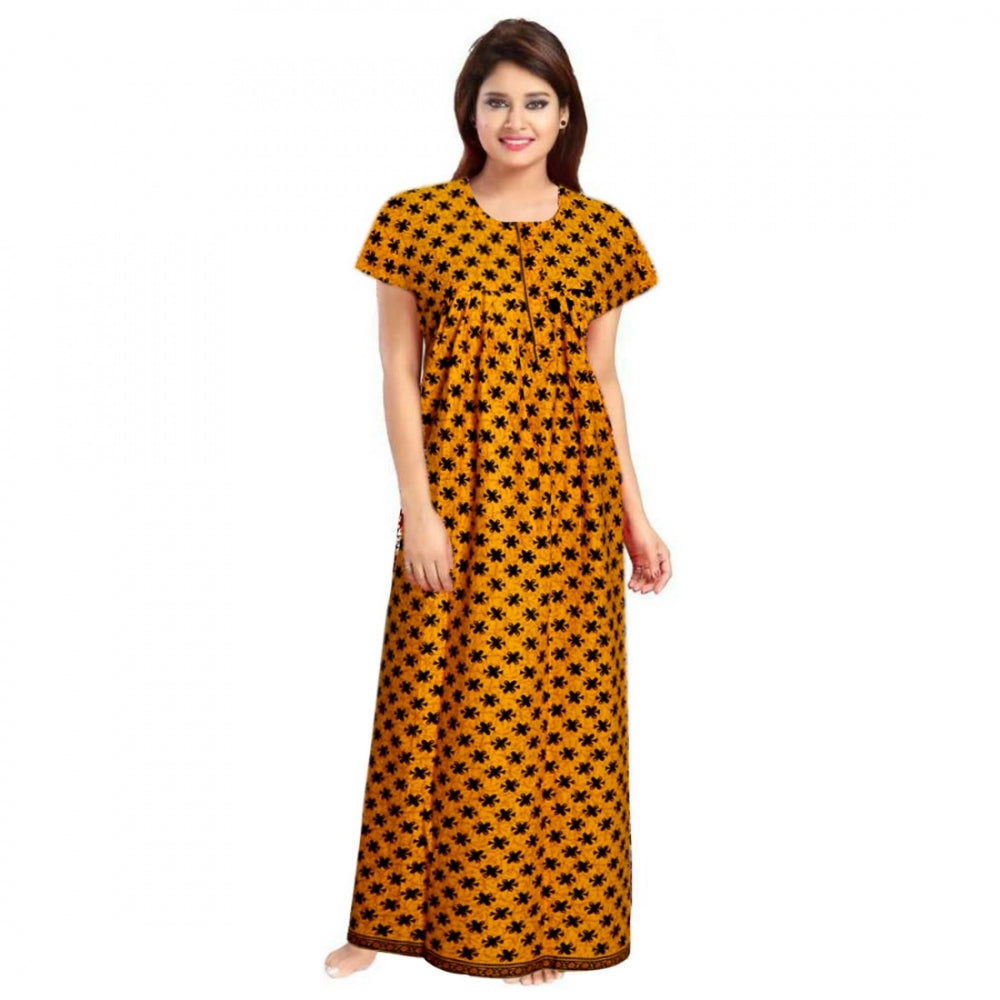 Mustard cotton printed maxi nightgown for daily wear