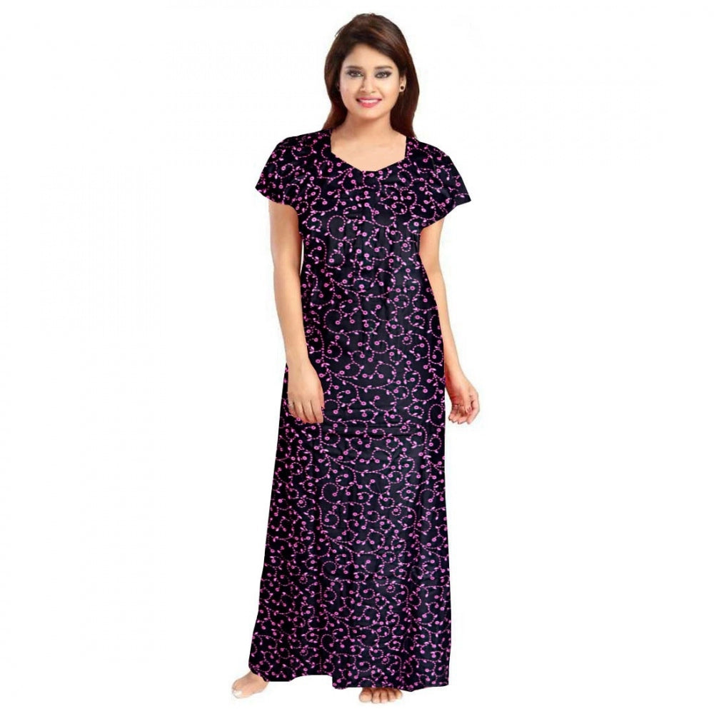 Purple cotton printed maxi nightgown for daily wear, short sleeves and round neck