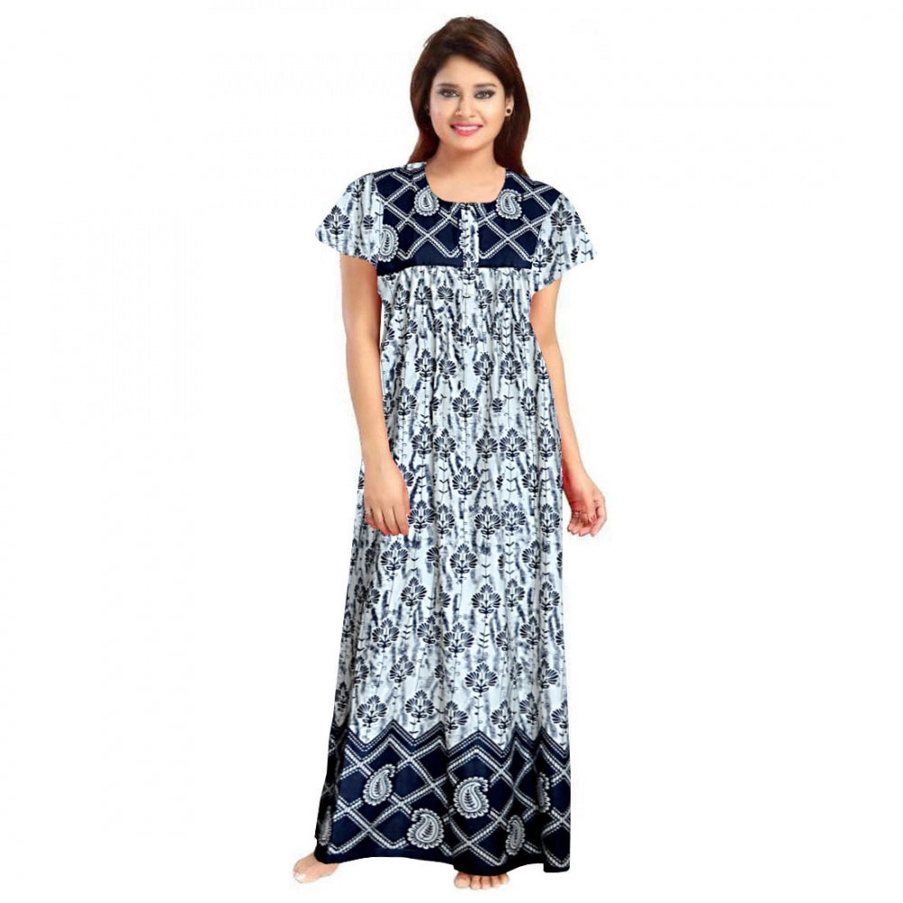 Navy blue cotton printed maxi nighty for daily wear, short sleeves & round neck