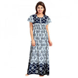 Navy blue cotton printed maxi nightgown for daily wear with short sleeves and round neck