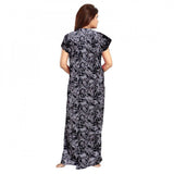 Grey cotton printed maxi nightgown for daily wear, short sleeves and round neck