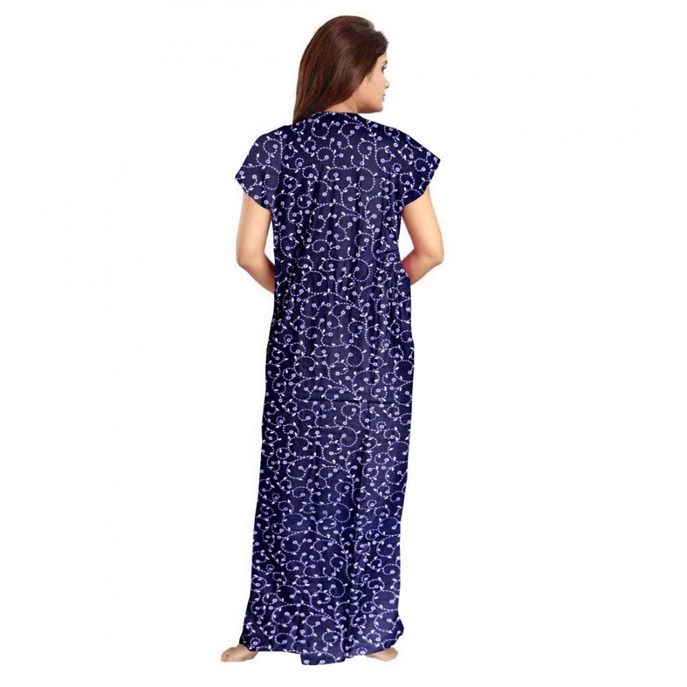 Blue cotton printed maxi nighty for daily wear, short sleeves with round neck