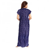 Blue cotton printed maxi nighty for daily wear, short sleeves with round neck
