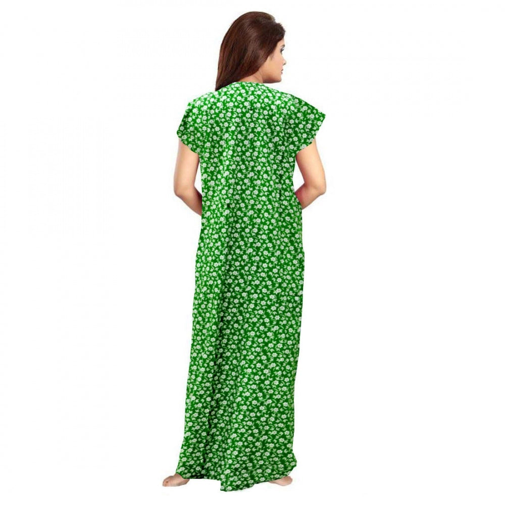 Green cotton printed maxi nightgown for daily wear, short sleeves and round neck