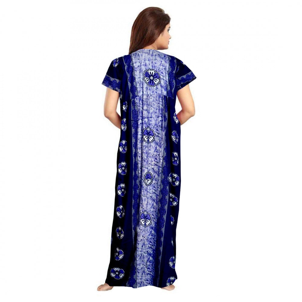 Blue cotton printed maxi nightgown for women's daily wear, short sleeves and round neck