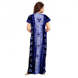 Blue cotton printed maxi nightgown with short sleeves and round neck for daily wear