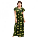 Green cotton printed maxi nightgown for daily wear, short sleeves and round neck