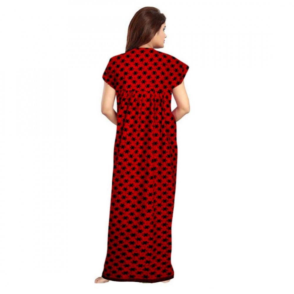 Red cotton printed maxi nightgown for daily wear, short sleeves with round neck